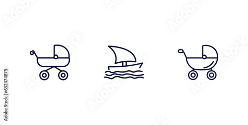 set of transportation thin line icons. transportation outline icons included pram, sailing boat, baby trolley vector.