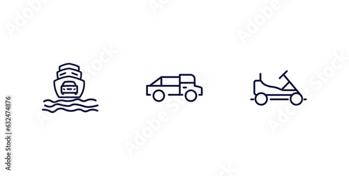 set of transportation thin line icons. transportation outline icons included ferry carrying cars, midget car, go kart vector.