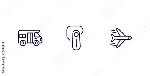 set of transportation thin line icons. transportation outline icons included school van, hands free device, airplane flying vector.
