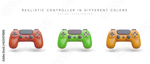 Set of modern game controllers. Realistic image of computer device. Gadgets in different colors. Controller with buttons, regulators. Vector console gamepad
