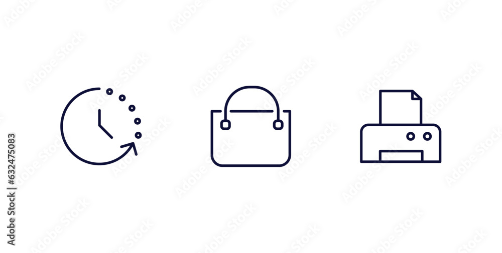 set of tools and utensils thin line icons. tools and utensils outline icons included time left, bag with big handle, blank paper and printer vector. set of tools and utensils thin line icons. tools and utensils outline icons included time left, bag with big handle, blank paper and printer vector.