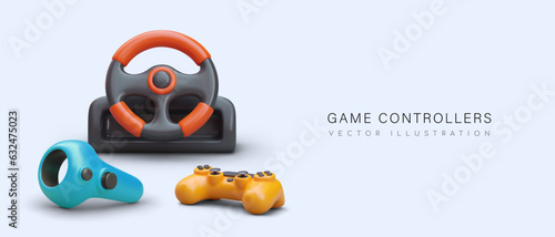 Realistic game controllers. Steering wheel, gamepad, stick for virtual reality. Color composition in cartoon style. Poster for recreation room, game club. Advertisement of gaming equipment store