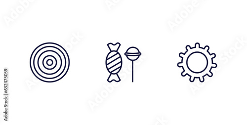 set of tools and utensils thin line icons. tools and utensils outline icons included target circles, candies, vector.