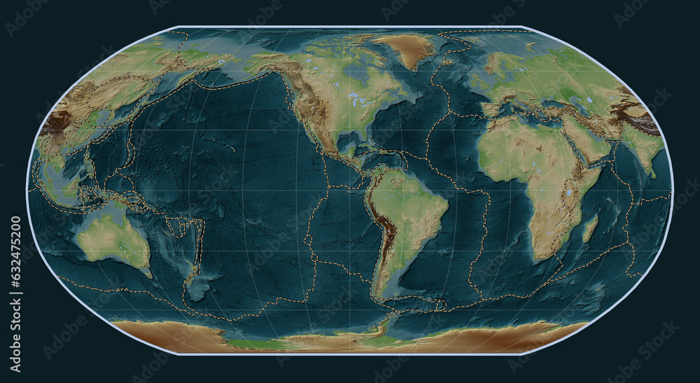 Tectonic plate boundaries on the world map - -90 PM. Robinson Stock ...