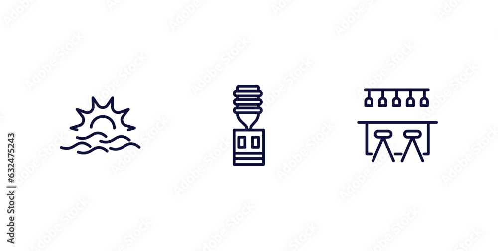 set of summer thin line icons. summer outline icons included sun at sea, dispenser, bar vector. set of summer thin line icons. summer outline icons included sun at sea, dispenser, bar vector.