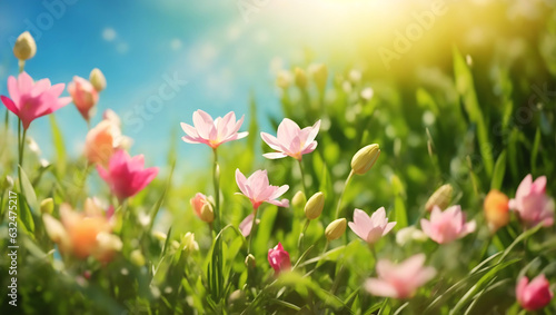 Green meadow with daisy flowers and natural backgrounds for your design © saju1993