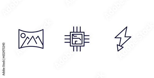 set of technology thin line icons. technology outline icons included panoramic, big chip, green flash vector.