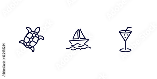 set of summer thin line icons. summer outline icons included sea turtle, yatch boat, refreshing cold drink vector.