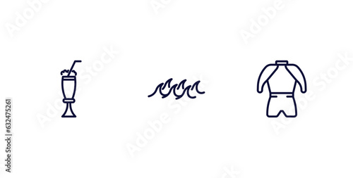 set of summer thin line icons. summer outline icons included milkshake, ocean, wetsuit vector.