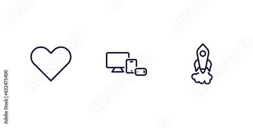 set of strategy thin line icons. strategy outline icons included heart, responsive, startup vector.