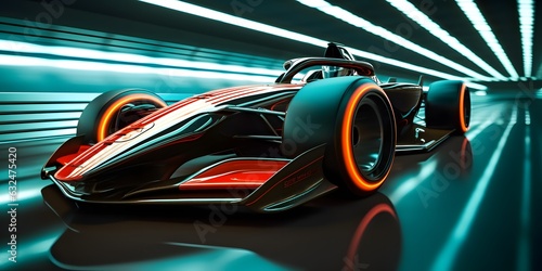 Futuristic racing formula at fast ride to finish. Postproducted generative AI © Lucky Ai