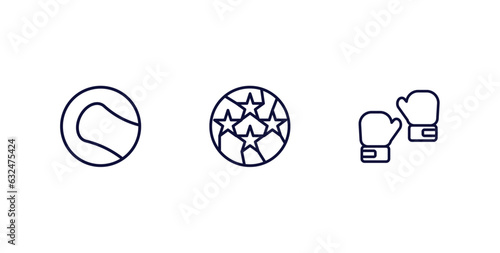 set of sport and games thin line icons. sport and games outline icons included tennis sport ball, soccer football ball, two boxing gloves vector.