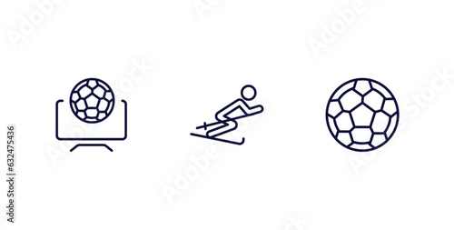 set of sport and games thin line icons. sport and games outline icons included football channel, slalom, football ball vector.