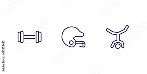 set of sport and games thin line icons. sport and games outline icons included gym weight, baseball helmet, capoeira vector.