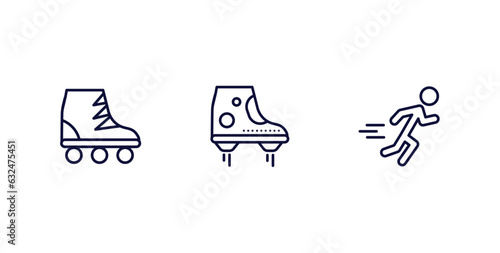 set of sport and games thin line icons. sport and games outline icons included roller skate, flying shoes, excersice vector.