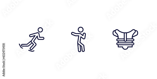 set of sport and games thin line icons. sport and games outline icons included ice skating man, dancing motion, chest guard vector.