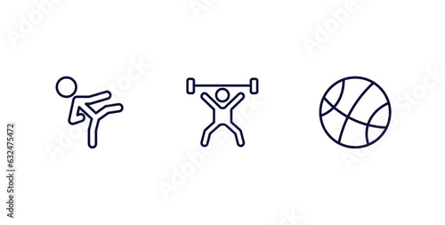 set of sport and games thin line icons. sport and games outline icons included karate fighter, weight lifting, basketball basket vector.