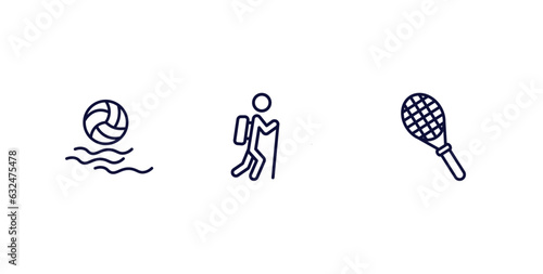 set of sport and games thin line icons. sport and games outline icons included waterpolo, trekking, squash vector.