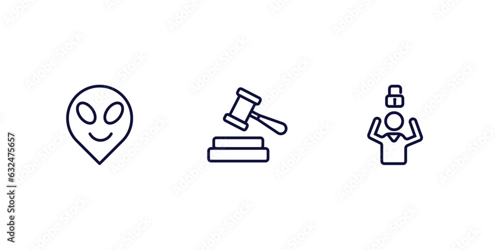 set of people thin line icons. people outline icons included alien smile, judge with hammer, man with open lock vector. set of people thin line icons. people outline icons included alien smile, judge with hammer, man with open lock vector.