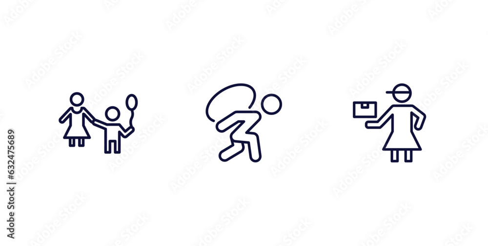 set of people and relation thin line icons. people and relation outline icons included babysitter and child, burden, delivery woman vector.