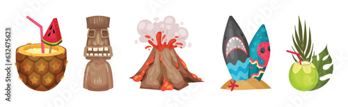 Hawaiian Beach Attributes and Tropical Symbols with Cocktail, Volcano, Surfboard and Wooden Carved Idol Vector Set
