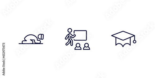 set of people and relation thin line icons. people and relation outline icons included sujud, classroom stats, students graduation hat vector.