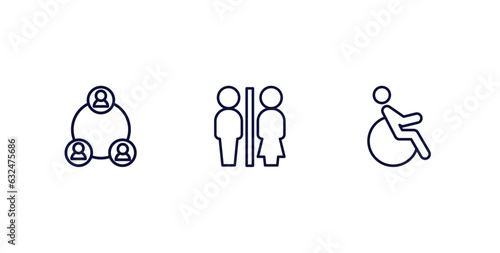 set of people and relation thin line icons. people and relation outline icons included serve, restroom, handicapped vector.