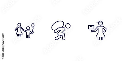 set of people and relation thin line icons. people and relation outline icons included babysitter and child, burden, delivery woman vector.