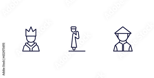 set of people and relation thin line icons. people and relation outline icons included emperor, takbir, vietnamese vector.