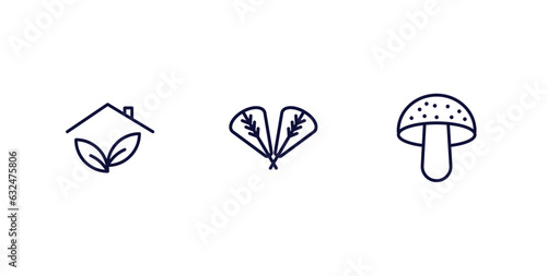 set of nature thin line icons. nature outline icons included indoor, plum leaf, amanita vector.