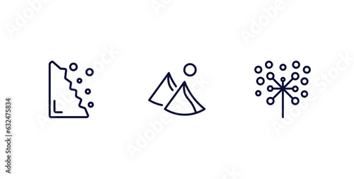 set of nature thin line icons. nature outline icons included falling debris, dune, pollen vector.