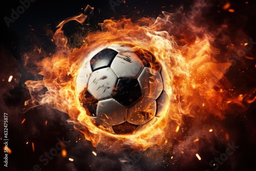Soccer Ball on Fire, Burning Football, Flamy Ball on Black Background. Generative Ai
