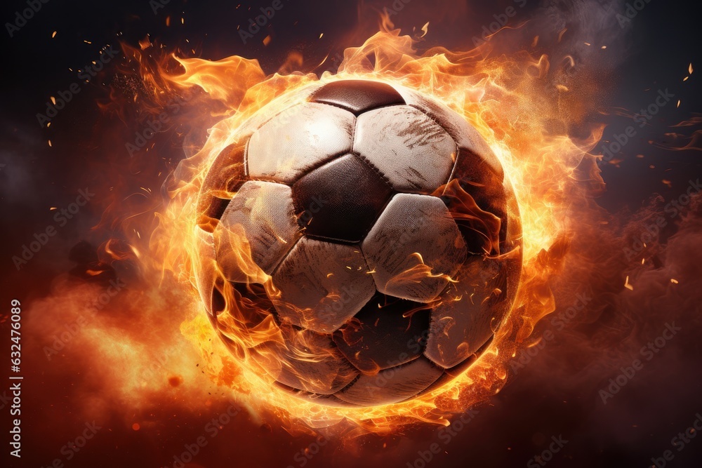 Fototapeta premium Soccer Ball on Fire, Burning Football, Flamy Ball on Black Background. Generative Ai