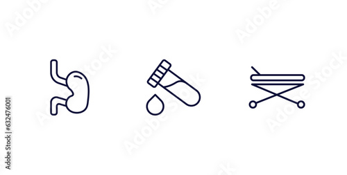set of medical and healthcare thin line icons. medical and healthcare outline icons included esophagus, blood analysis, hospital bed side view vector.