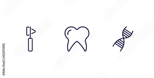set of medical and healthcare thin line icons. medical and healthcare outline icons included medical hammer tool, molar tooth, chain of dna vector.
