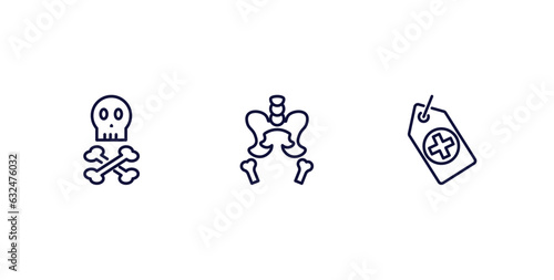 set of medical and healthcare thin line icons. medical and healthcare outline icons included skull and bone, pelvic area, tag with a cross vector.