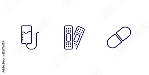 set of medical and healthcare thin line icons. medical and healthcare outline icons included plasma, plastering, medical pill vector.