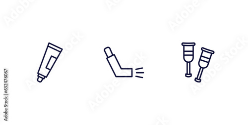 set of medical thin line icons. medical outline icons included ointment, inhalator, crutches vector.