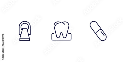 set of medical thin line icons. medical outline icons included scan, molar, pill vector.