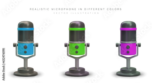 Set of 3D microphones of blue, green, purple color. Sound recording device. Professional equipment of singer, radio host. Microphone on stand. Podcast