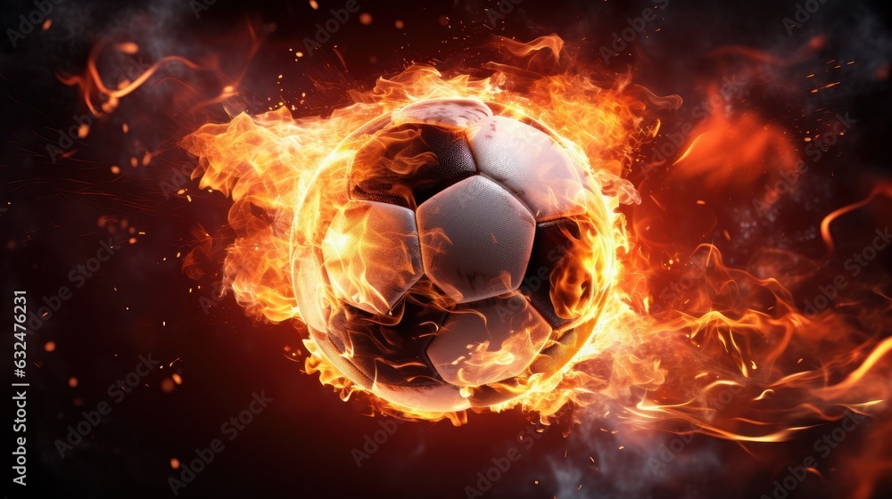 Fototapeta premium Soccer Ball on Fire, Burning Football, Flamy Ball on Black Background. Generative Ai