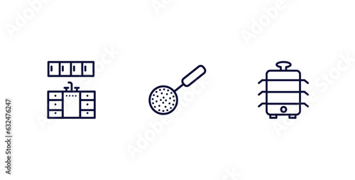 set of kitchen thin line icons. kitchen outline icons included kitchen cabinet, skimmer, steamer vector.
