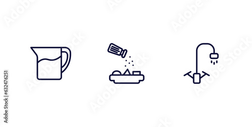 set of kitchen thin line icons. kitchen outline icons included pitcher, seasoning, kitchen tap vector.