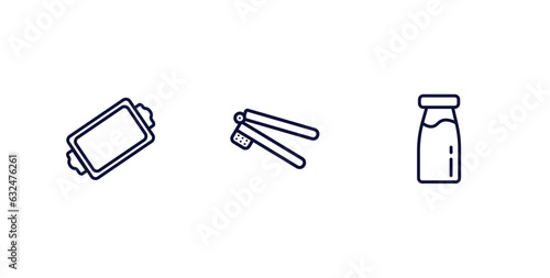 set of kitchen thin line icons. kitchen outline icons included tray, garlic press, milk vector.