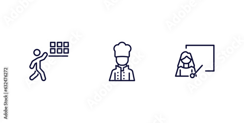 set of humans and behavior thin line icons. humans and behavior outline icons included storekeeper, kitchen chef, teachers vector.