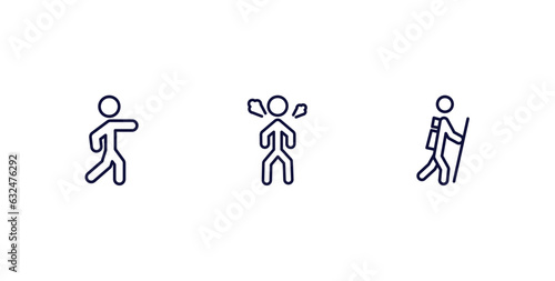 set of humans and behavior thin line icons. humans and behavior outline icons included man pointing, angry man, man in hike vector.