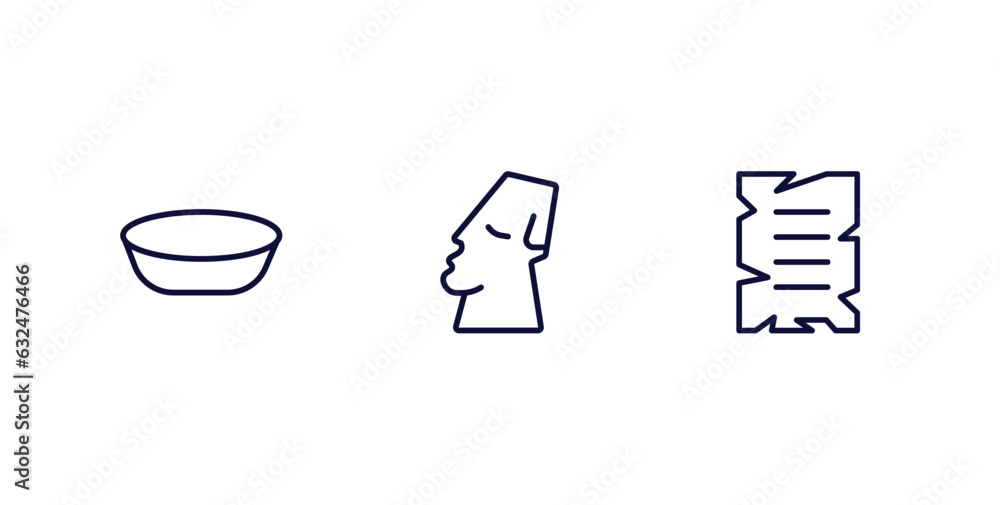 set of history thin line icons. history outline icons included bowl, moais, old paper vector. set of history thin line icons. history outline icons included bowl, moais, old paper vector.