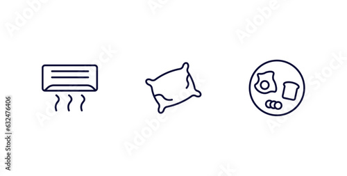 set of hotel and restaurant thin line icons. hotel and restaurant outline icons included air conditioner, pillow, breakfast vector.