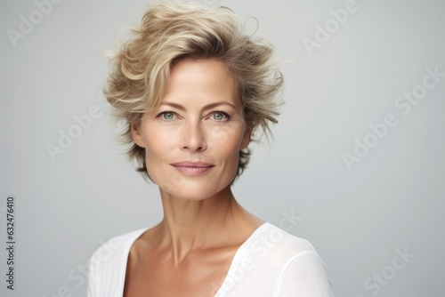 White grey background. Mature attractive woman. Beautiful illustration picture. Generative AI