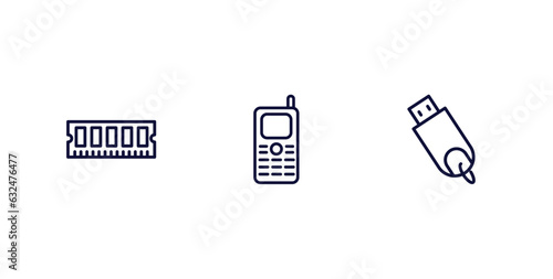 set of hardware and equipment thin line icons. hardware and equipment outline icons included random access memory, keypad phone, usb flash vector.